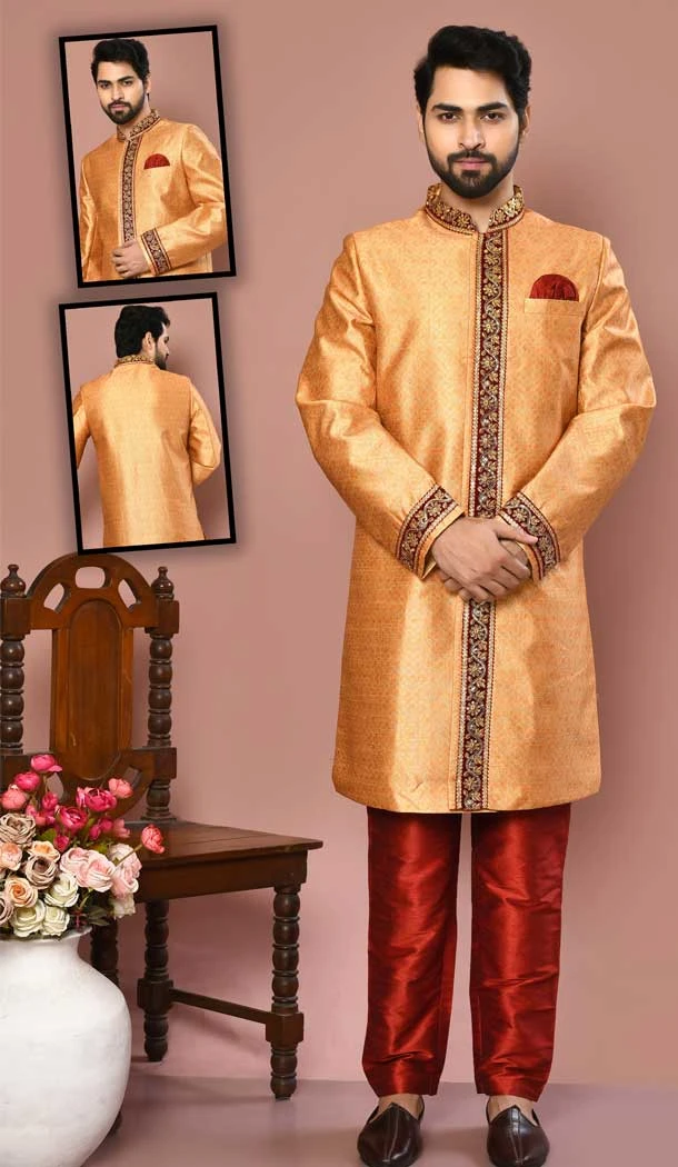 Orange Color Banarasi Silk Resham And Zari Work Wedding Wear Designer Men's Sherwani -6018166381