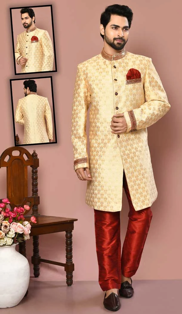 Cream Color Banarasi Silk Sequins And Zari Work Wedding Wear Designer Men's Sherwani -6018166382