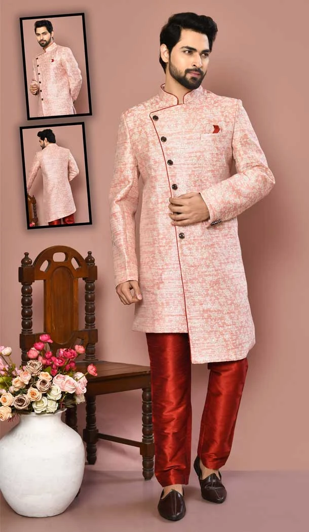 Gajari Color Banarasi Silk Self Work Wedding Wear Designer Men's Sherwani -6018166383