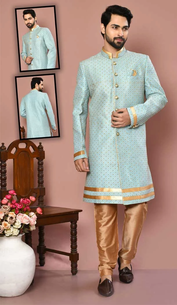 Sky Blue Color Banarasi Silk Zari And Self Work Wedding Wear Designer Men's Sherwani -6018166384
