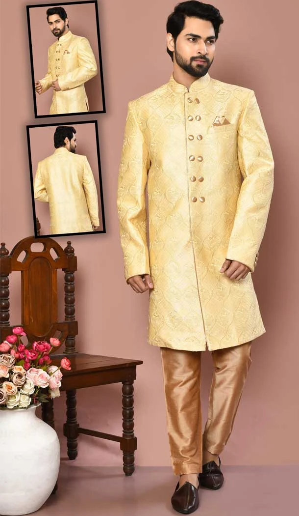Gold Color Banarasi Silk Zari And Self Work Wedding Wear Designer Men's Sherwani -6018166385