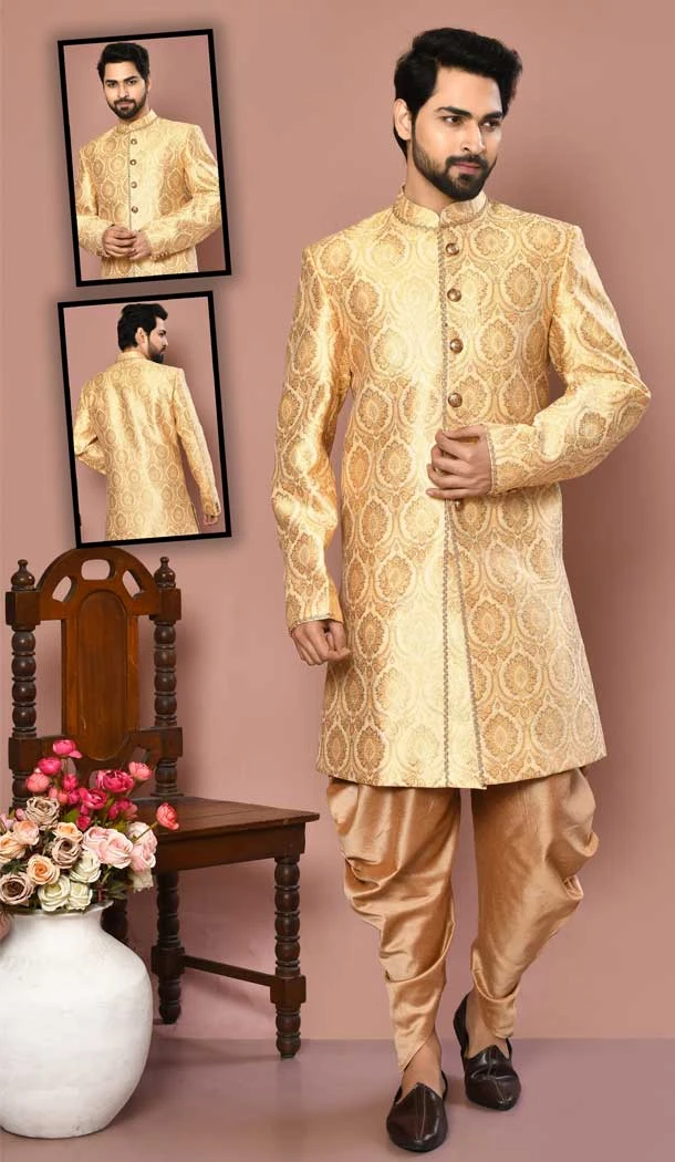 Beige Color Banarasi Silk Self Work Wedding Wear Designer Men's Sherwani -6018166386