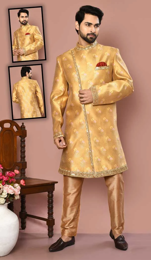Chiku Color Banarasi Silk Self Work Wedding Wear Designer Men's Sherwani -6018166387