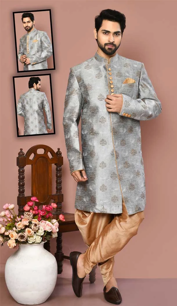 Grey Color Banarasi Silk Self Work Wedding Wear Designer Men's Sherwani -6018166388