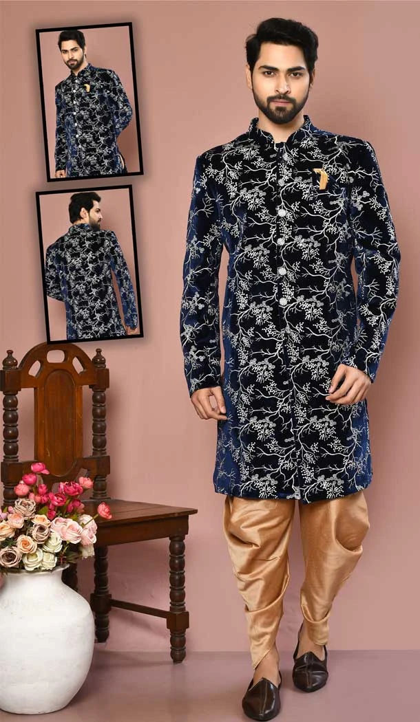 Navy Blue Color Velvet Resham And Self Work Wedding Wear Designer Men's Sherwani -6018166389