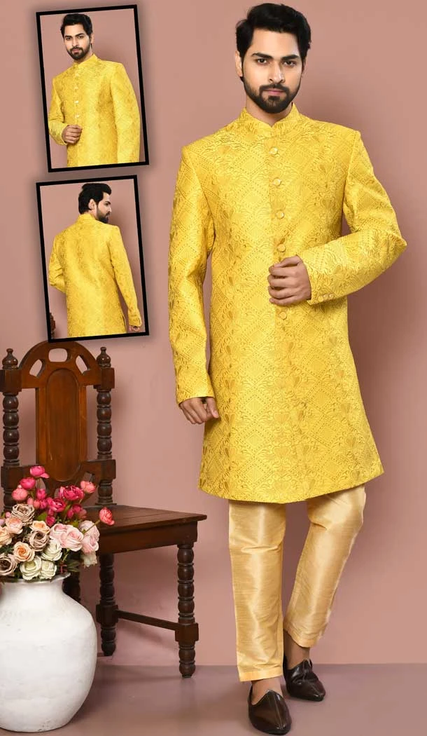 Yellow Color Banarasi Silk Resham And Self Work Wedding Wear Designer Men's Sherwani -6018166390