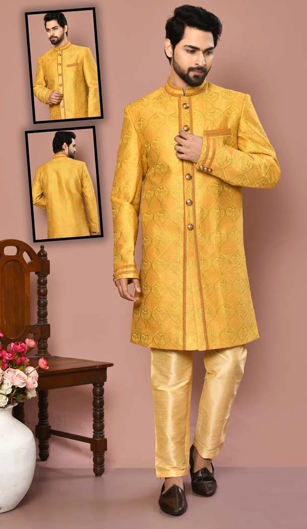 Mustard Color Banarasi Silk Resham And Self Work Wedding Wear Designer Men's Sherwani -6018166391