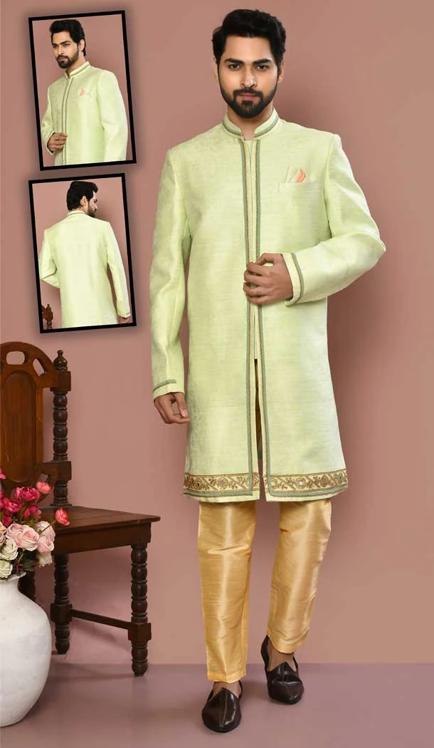 Banarasi Silk Pista Color Stone And Zari Work Wedding Wear Designer Men's Sherwani -6018166392