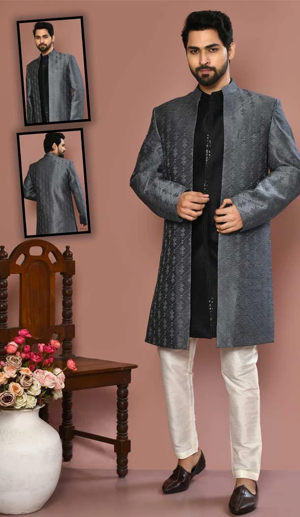 Grey Color Banarasi Silk Resham And Sequins Work Wedding Wear Designer Men's Sherwani -6018166394