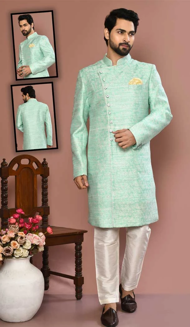 Sky Blue Color Banarasi Silk Self Work Wedding Wear Designer Men's Sherwani -6018166396