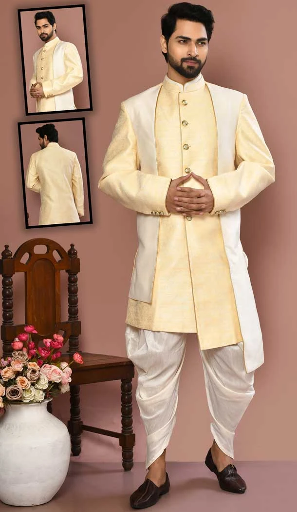 Banarasi Silk Cream Color Self Work Wedding Wear Designer Men's Sherwani -6018166398