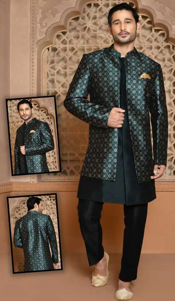 Rama Color Banarasi Silk Self Work Wedding Wear Men's Designer Sherwani -6019166402