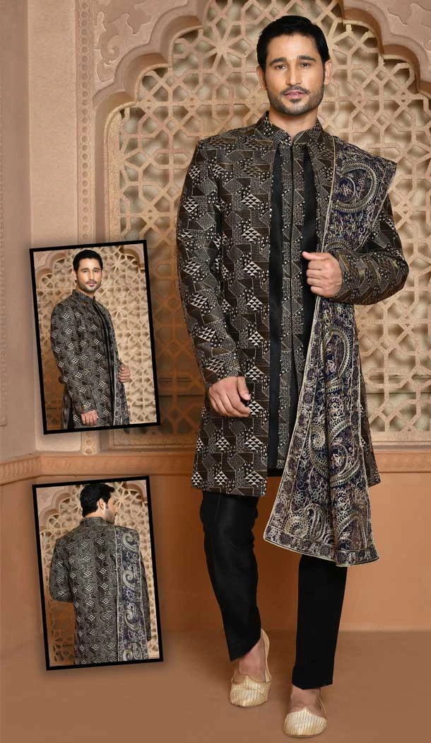 Black Color Banarasi Silk Resham Work Wedding Wear Men's Designer Sherwani -6019166403