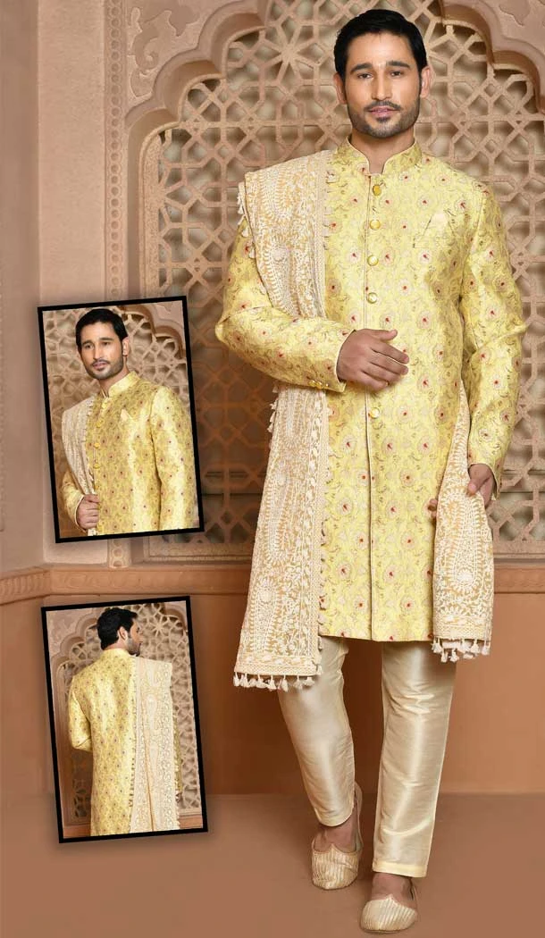 Yellow Color Banarasi Silk Self Work Wedding Wear Men's Designer Sherwani -6019166405