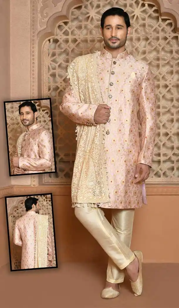 Pink Color Banarasi Silk Self Work Wedding Wear Men's Designer Sherwani -6019166406