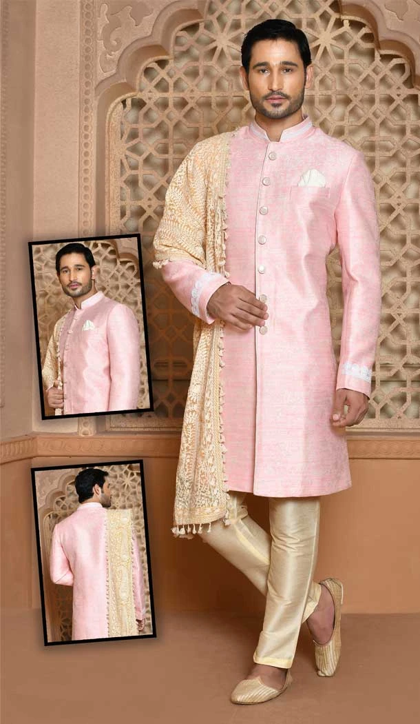 Banarasi Silk Pink Color Self Work Wedding Wear Men's Designer Sherwani -6019166409