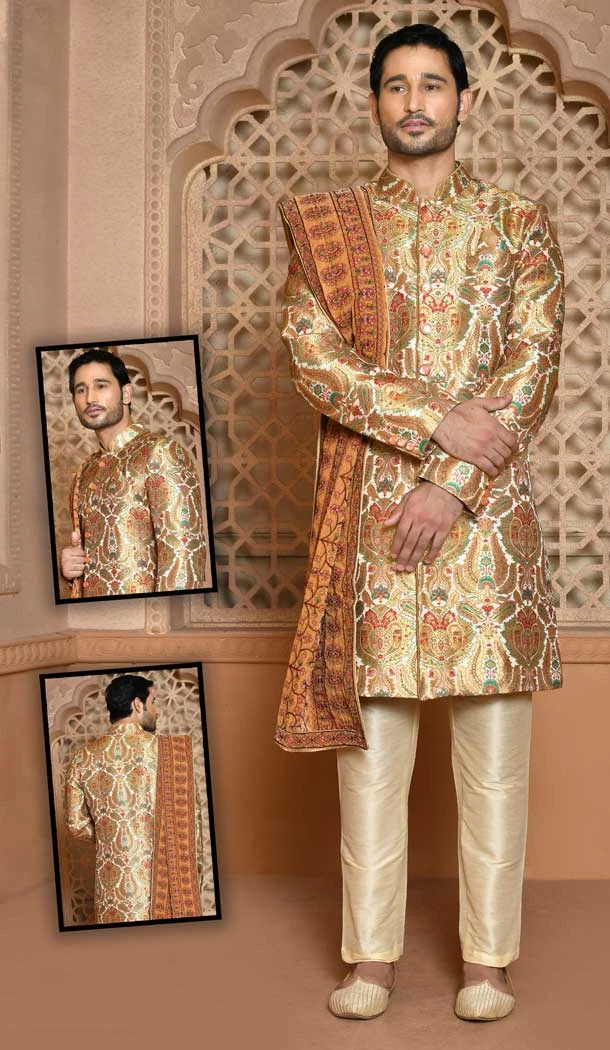 Cream Color Banarasi Silk Self Work Wedding Wear Men's Designer Sherwani -6019166410