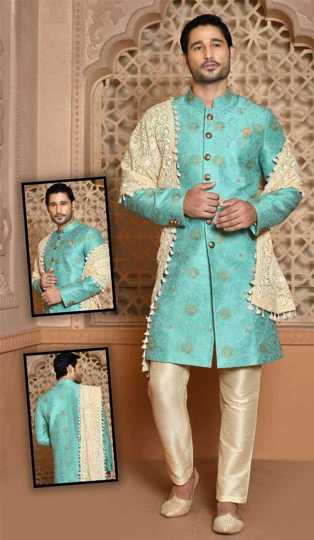 Turquoise Color Banarasi Silk Self Work Wedding Wear Men's Designer Sherwani -6019166411