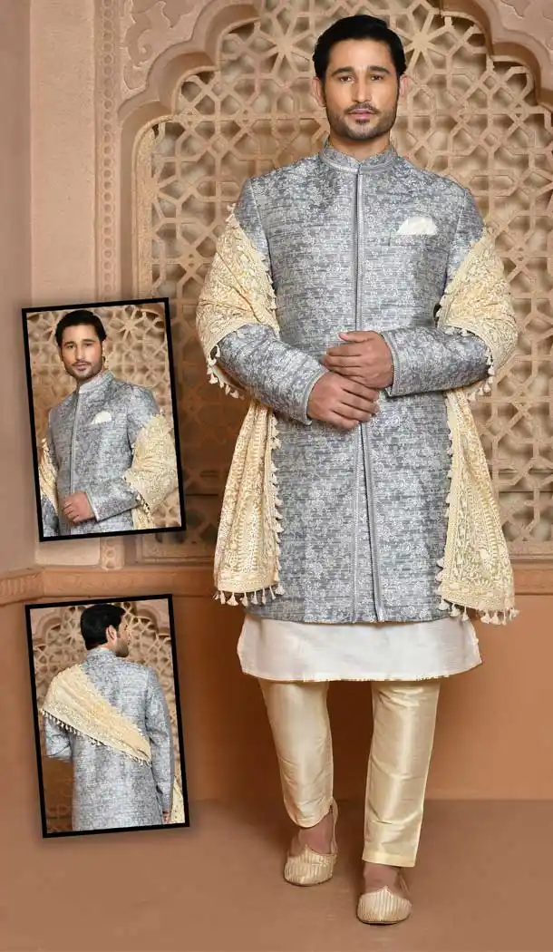 Grey Color Banarasi Silk Self Work Wedding Wear Men's Designer Sherwani -6019166412