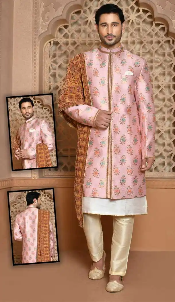Self Work Pink Color Banarasi Silk Wedding Wear Men's Designer Sherwani -6019166413