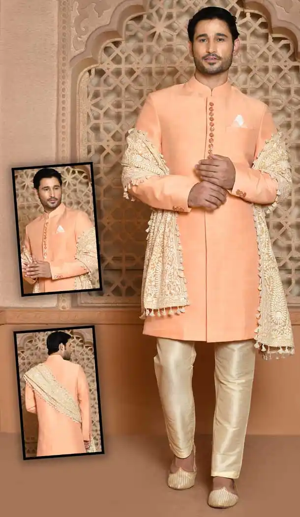 Orange Color Banarasi Silk Self Work Wedding Wear Men's Designer Sherwani -6019166417