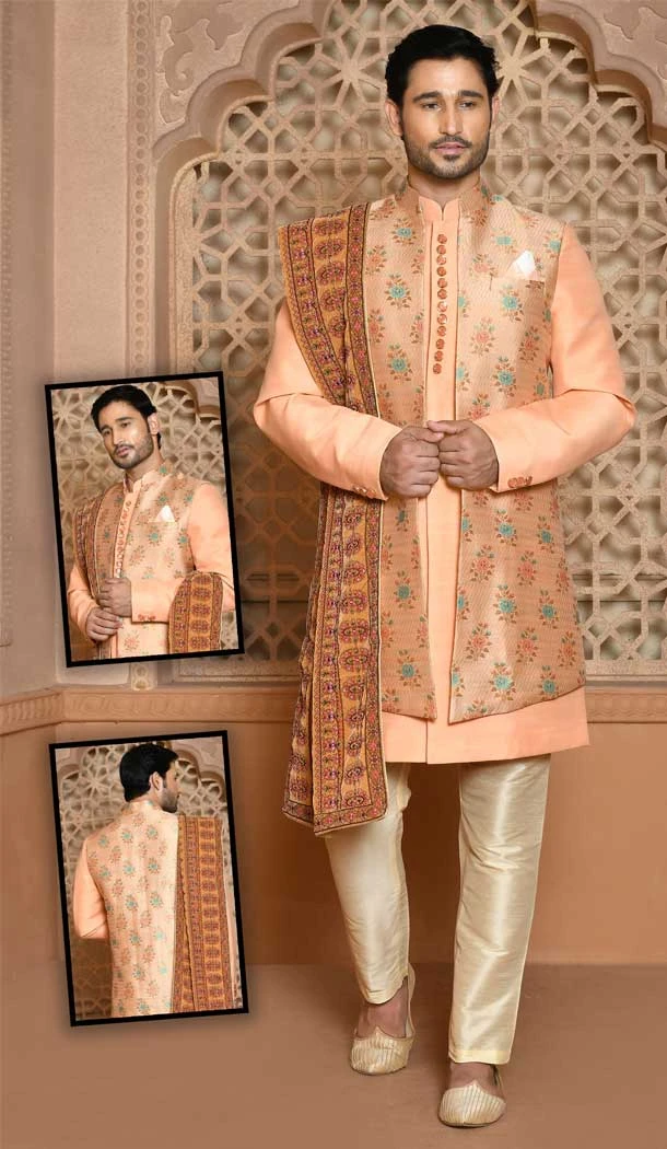 Banarasi Silk Orange Color Self Work Wedding Wear Men's Designer Sherwani -6019166418