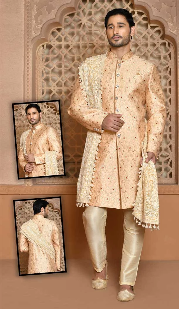Peach Color Banarasi Silk Self Work Wedding Wear Men's Designer Sherwani -6019166419