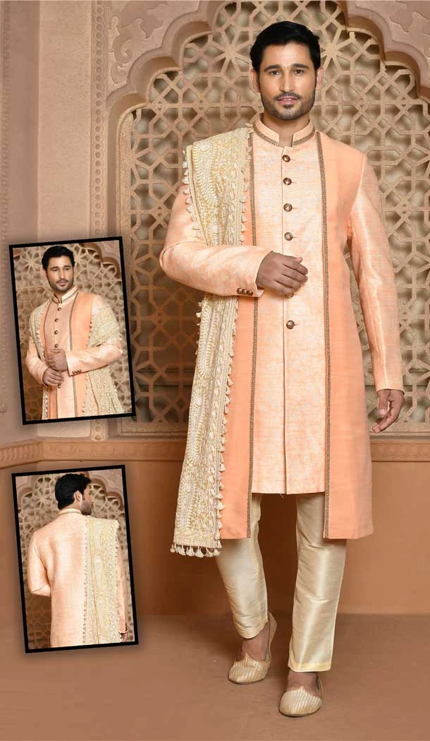 Banarasi Silk Peach Color Self Work Wedding Wear Men's Designer Sherwani -6019166422