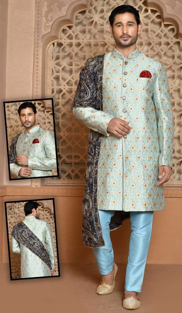Sky Blue Color Banarasi Silk Self And Woven Work Wedding Wear Men's Designer Sherwani -6019166423