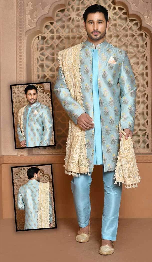 Sky Blue Color Banarasi Silk Self Work Wedding Wear Men's Designer Sherwani -6019166424