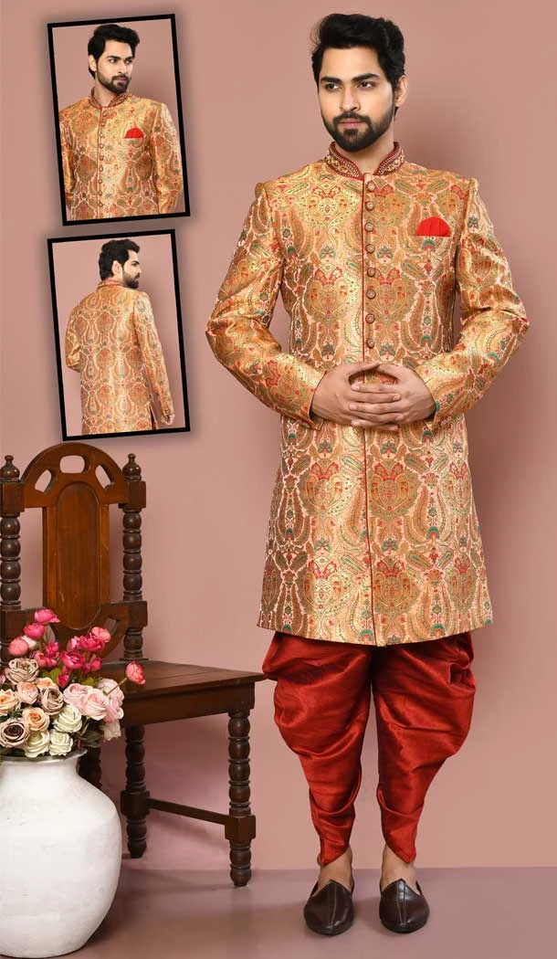 Pink Color Banarasi Silk Resham And Zari Work Wedding Wear Men's Designer Sherwani -6019166426