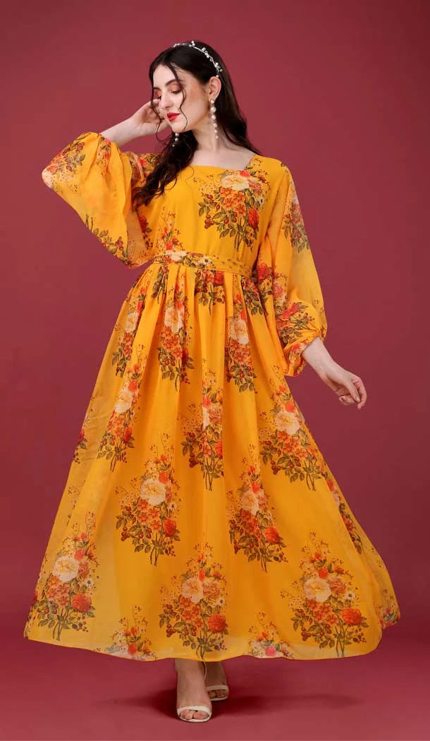 Mustard Color Faux Georgette Digital Print Work Casual Wear Designer Gown -6020166430