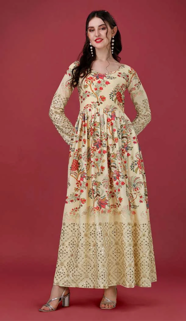Cream Color Silk Digital Print And Sequence Work Casual Wear Designer Gown -6020166431
