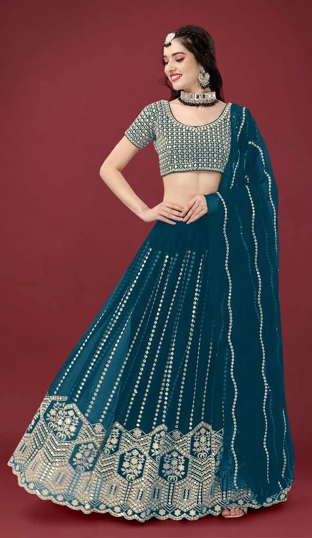 Teal Blue Color Faux Georgette Embroidery Work Party Wear Lehenga Choli -6021166433