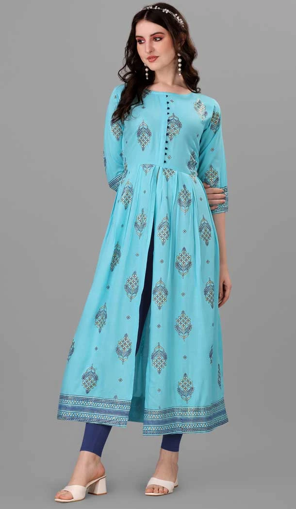 Sky Blue Color Heavy Rayon Digital Print Work Festival Wear Designer Kurti -6023166448