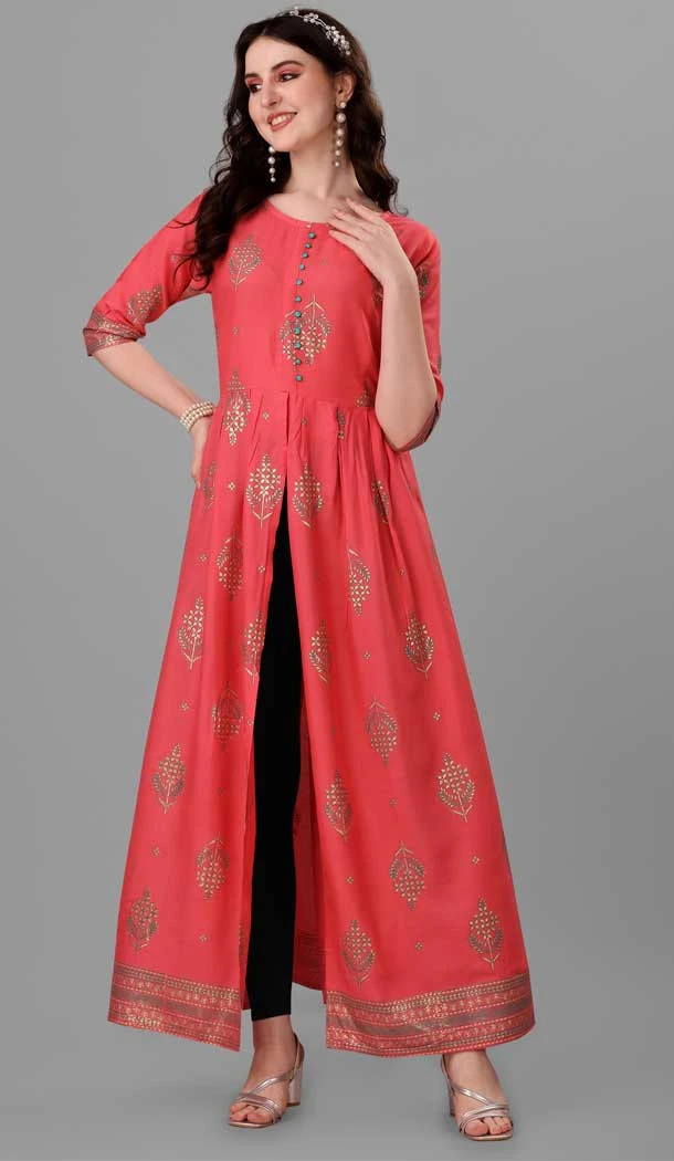 Heavy Rayon Pink Color Digital And Foil Print Work Festival Wear Designer Gown -6023166449