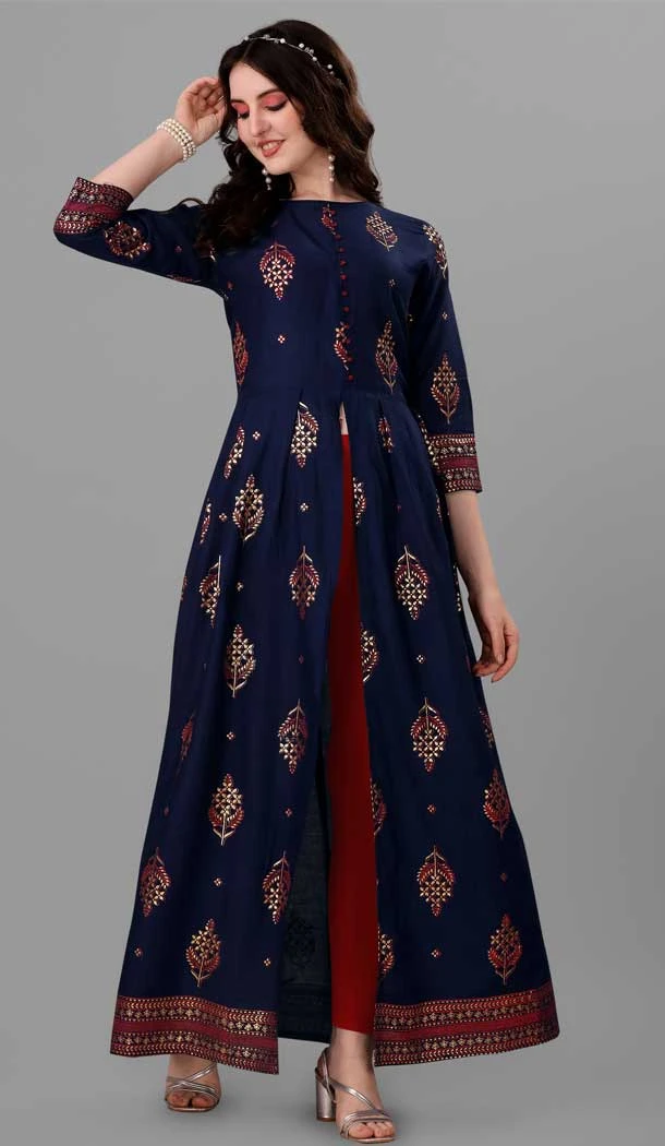 Navy Blue Color Heavy Rayon Digital Print Work Festival Wear Designer Kurti -6023166450