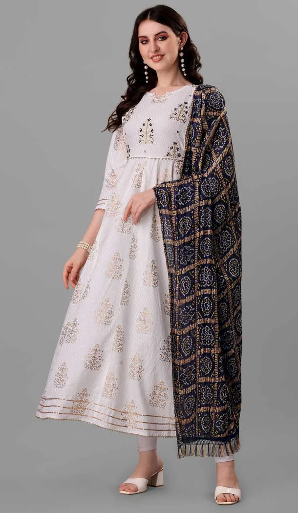 White Color Heavy Rayon Pigment Foil Work Festive Party Wear Gown -6024166451