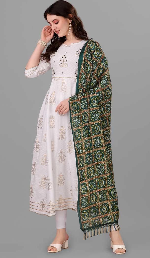 Festive Wear White Color Heavy Rayon Pigment Foil And Gota Patti Work Designer Gown -6024166454