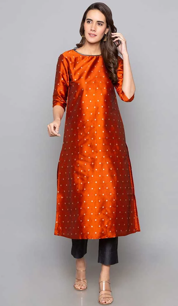 Rust Color Art Silk Woven Work Party Wear Designer Readymade Kurti -6025166456
