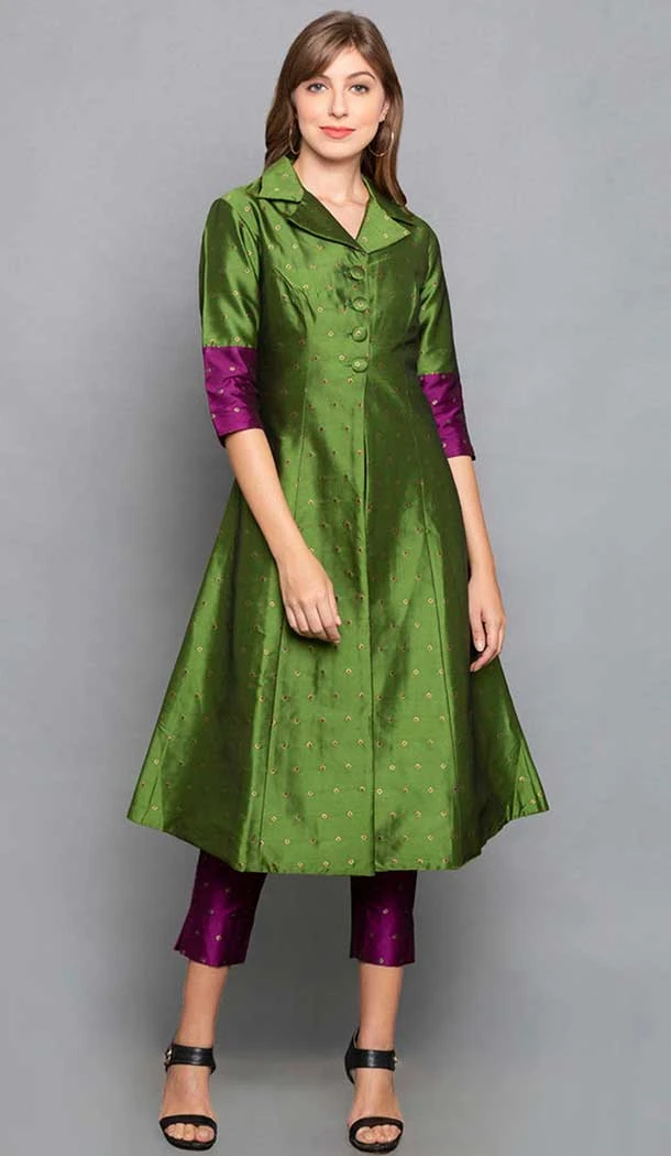 Art Silk Green Color Woven Work Party Wear Designer Readymade Kurti -6025166458