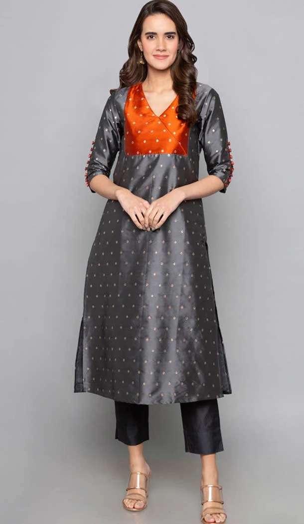 Grey Color Art Silk Woven Work Party Wear Designer Readymade Kurti -6025166463