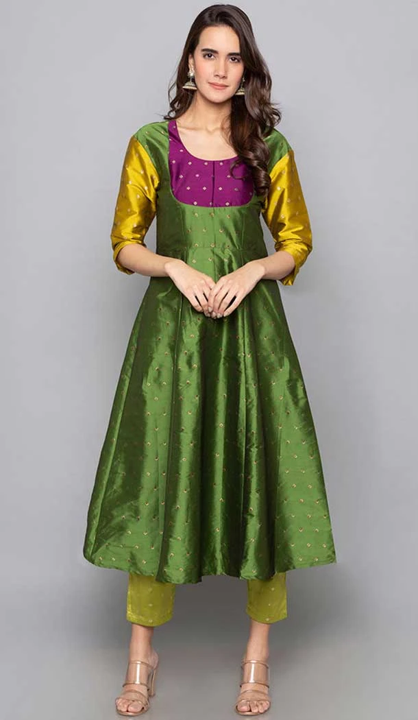 Woven Work Green Color Art Silk Party Wear Designer Readymade Kurti With Bottom -6025166464