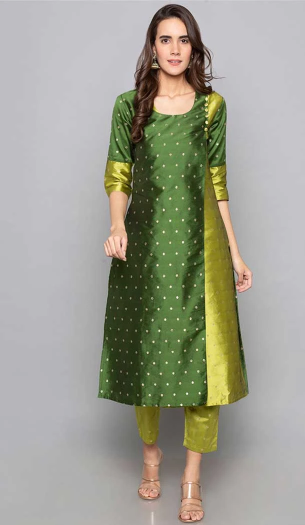 Green Color Woven Work Art Silk Party Wear Designer Readymade Kurti With Bottom -6025166468