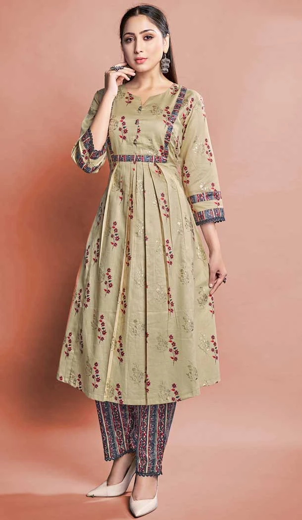 Cotton Beige Color Printed Work Casual Wear Designer Readymade Kurti -6027166474