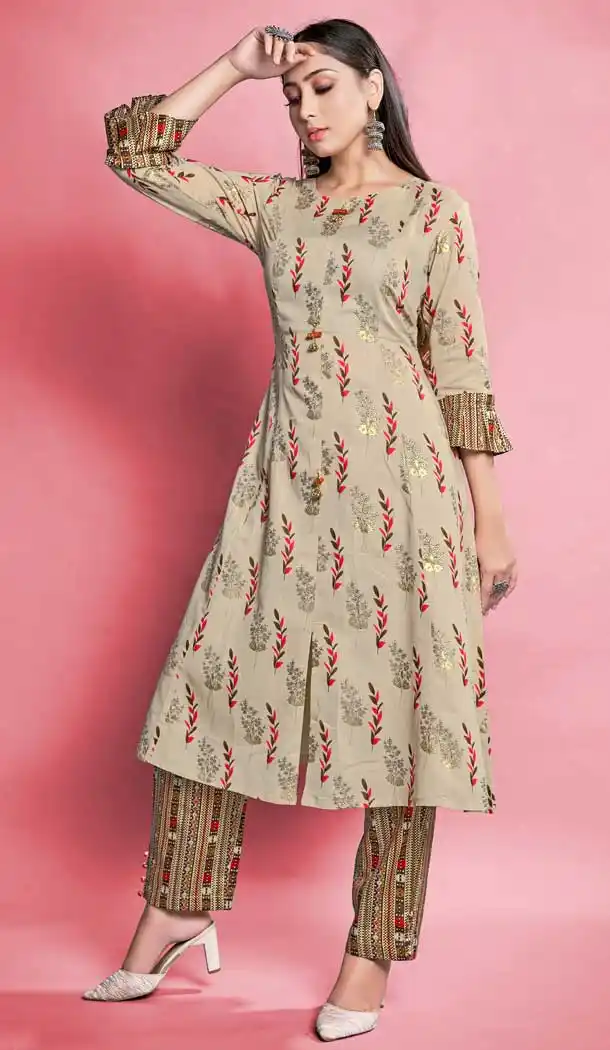 Beige Color Cotton Printed Work Casual Wear Readymade Designer Kurti With Bottom -6027166478