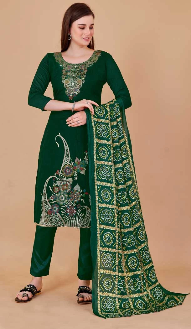 Green Color Banarasi Meenakari Jacquard Work Casual Wear Salwar Kameez -6039166590
