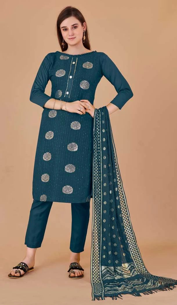 Teal Blue Color Banarasi Resham Work Festival Wear Salwar Kameez -6040166606
