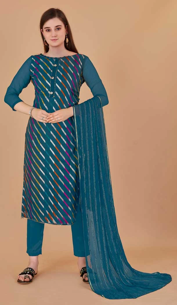 Rama Blue Color Organza Leheriya Jacquard Woven Work Festival Wear Salwar Kameez -6041166615