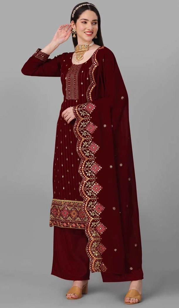 Festival Wear Maroon Color Georgette Embroidery Work Pakistani Style Designer Salwar Kameez -6042166619
